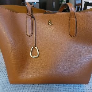 Lauren Ralph Lauren Brown Faux Leather Tote w/ Gold Details & Detachable Clutch